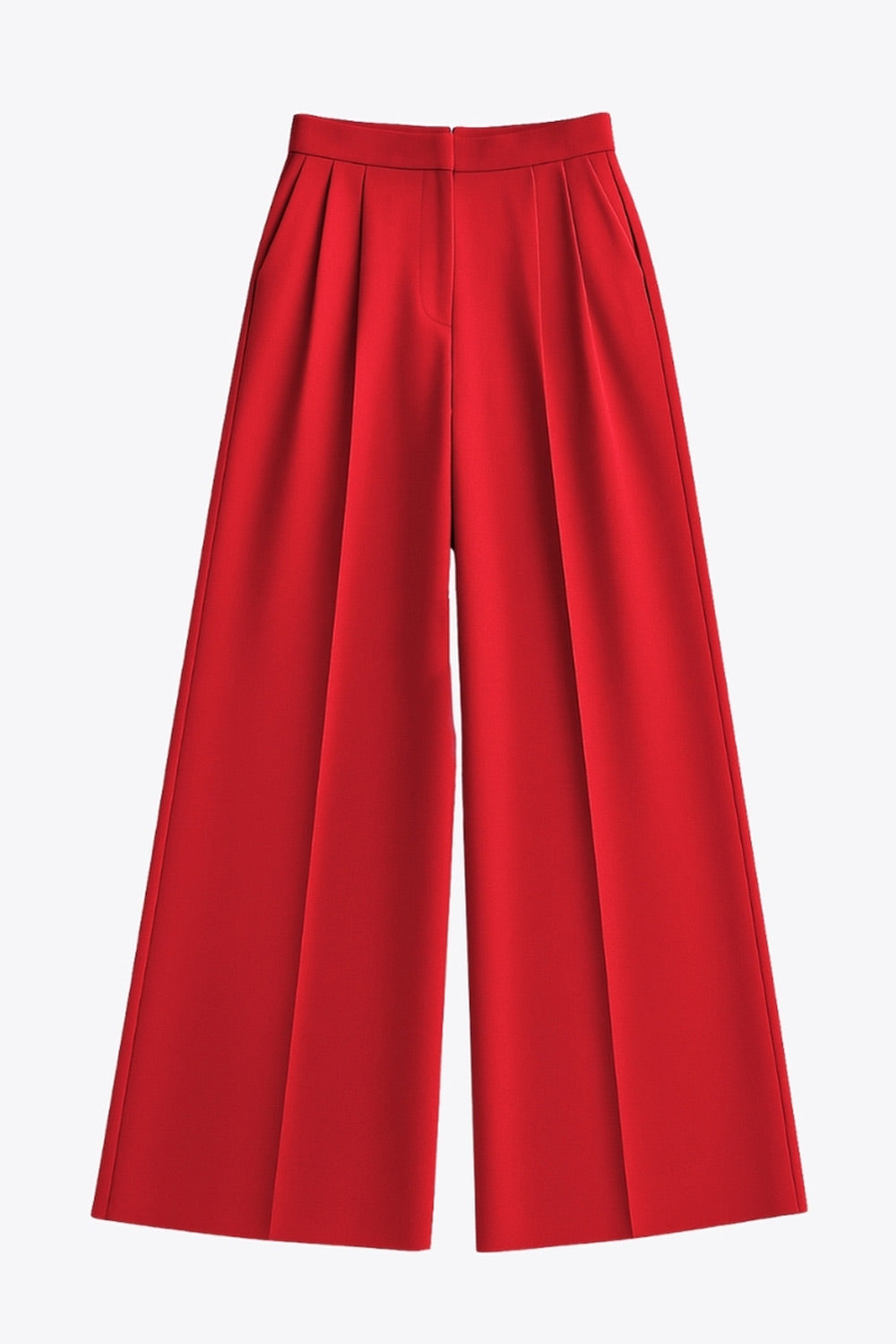 Pantalón de fit wide leg, cintura alta con pretina, pinzas frontales, bolsillos delanteros y vivos decorativos posteriores. Cierre frontal con broche y cremallera ocultos. Detalle v en pretina posterior.