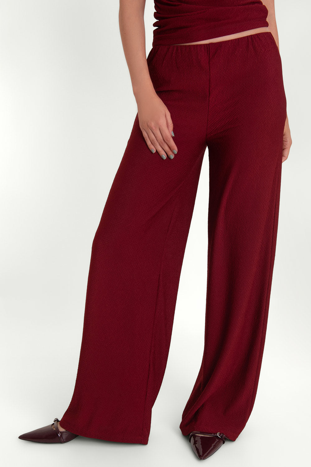 Pantalón de fit wide leg, cintura alta elástica con plisados y detalle de textura en tejido.