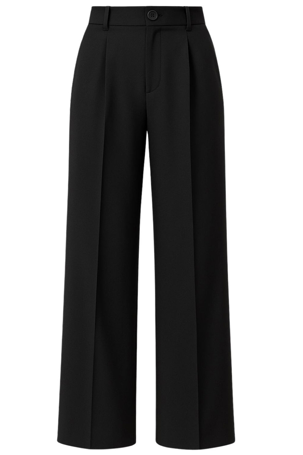 Pantalón de fit wide leg, pinzas frontales, cintura alta con pretina y trabillas, bolsillos delanteros y posteriores con vivos. Cierre frontal con botón y cremallera oculta.