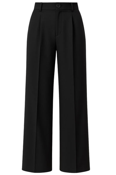 Pantalón de fit wide leg, pinzas frontales, cintura alta con pretina y trabillas, bolsillos delanteros y posteriores con vivos. Cierre frontal con botón y cremallera oculta.