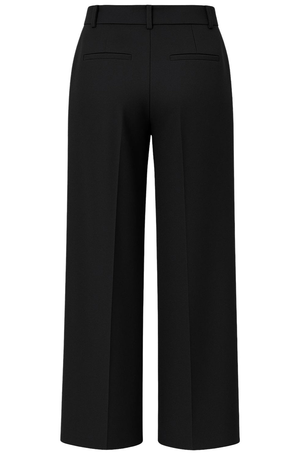 Pantalón de fit wide leg, pinzas frontales, cintura alta con pretina y trabillas, bolsillos delanteros y posteriores con vivos. Cierre frontal con botón y cremallera oculta.