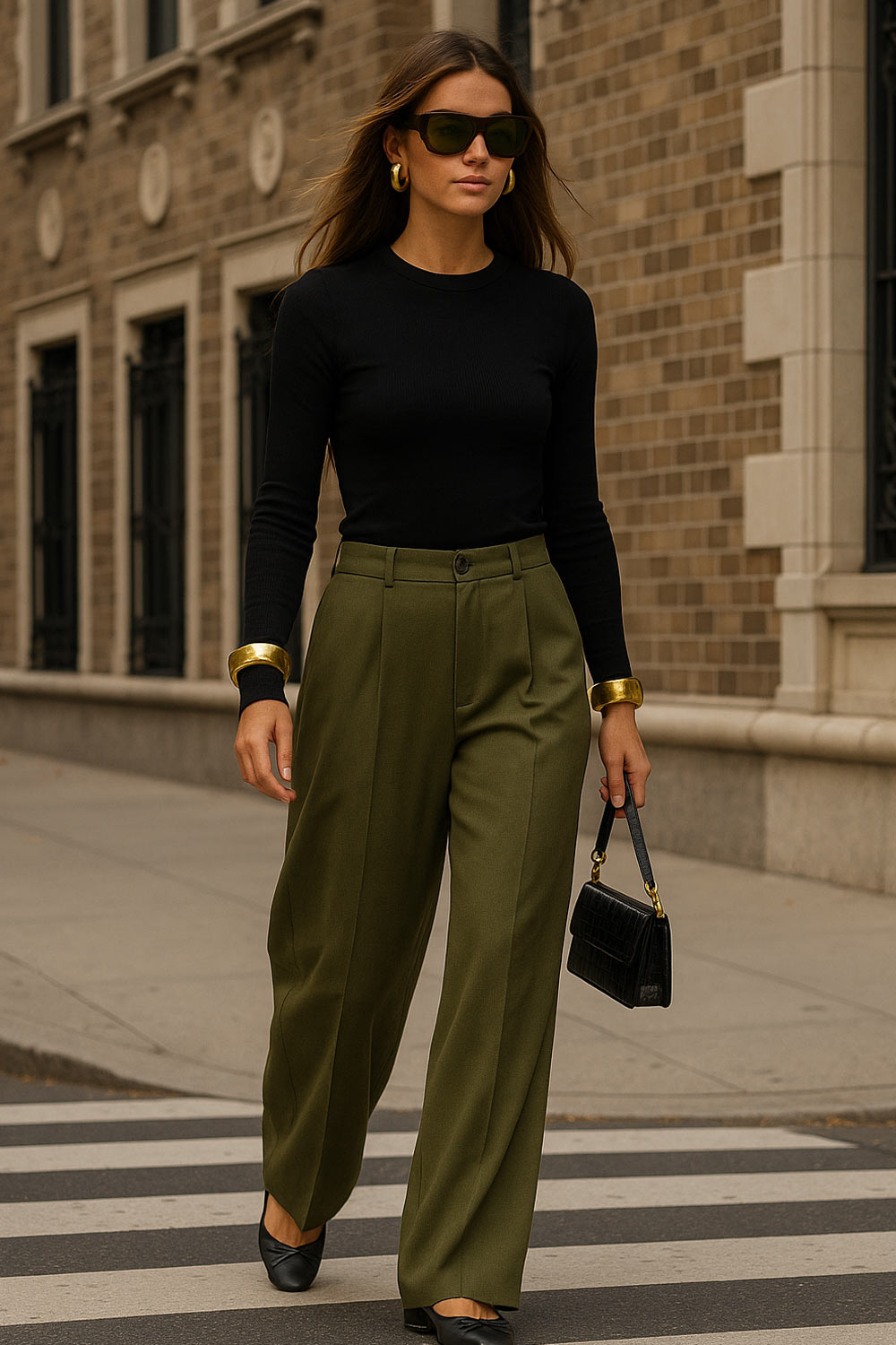 Pantalón de fit wide leg, pinzas frontales, cintura alta con pretina y trabillas, bolsillos delanteros y posteriores con vivos. Cierre frontal con botón y cremallera oculta.