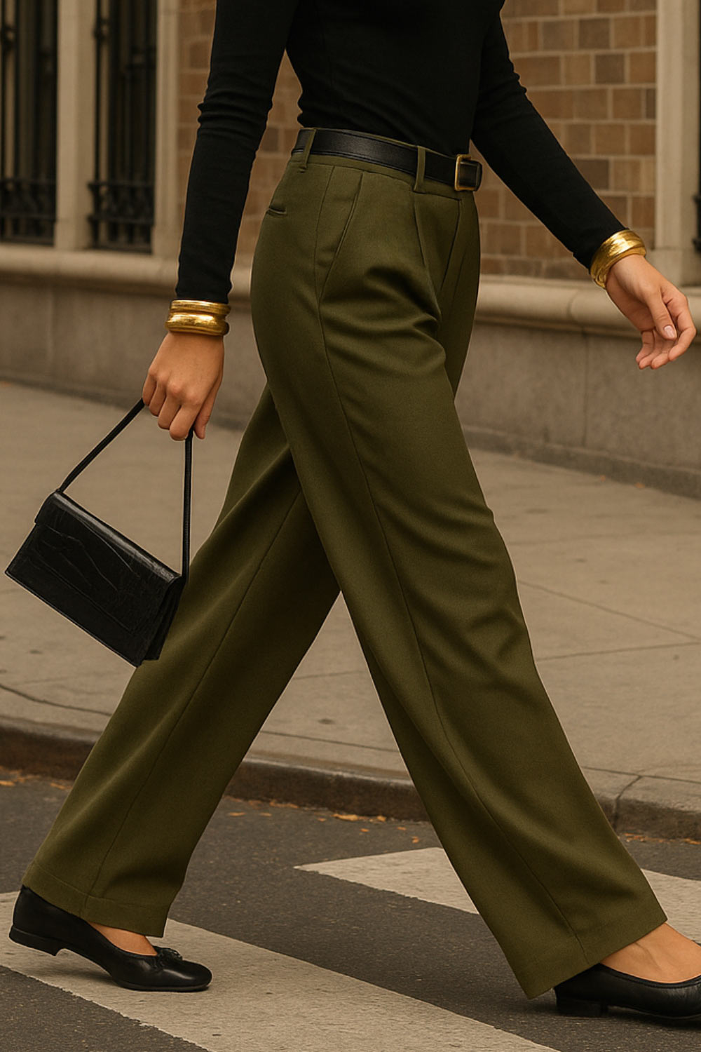 Pantalón de fit wide leg, pinzas frontales, cintura alta con pretina y trabillas, bolsillos delanteros y posteriores con vivos. Cierre frontal con botón y cremallera oculta.