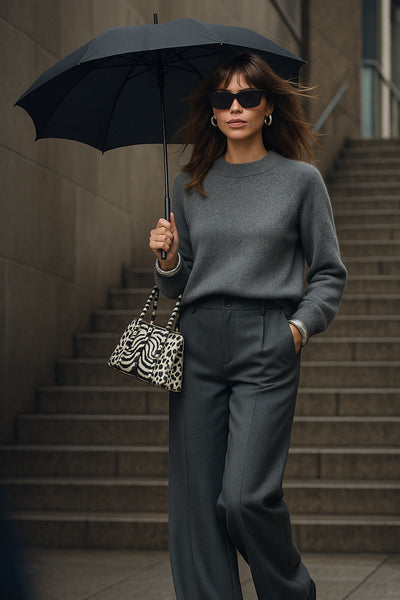 Pantalón de fit wide leg, pinzas frontales, cintura alta con pretina y trabillas, bolsillos delanteros y posteriores con vivos. Cierre frontal con botón y cremallera oculta.