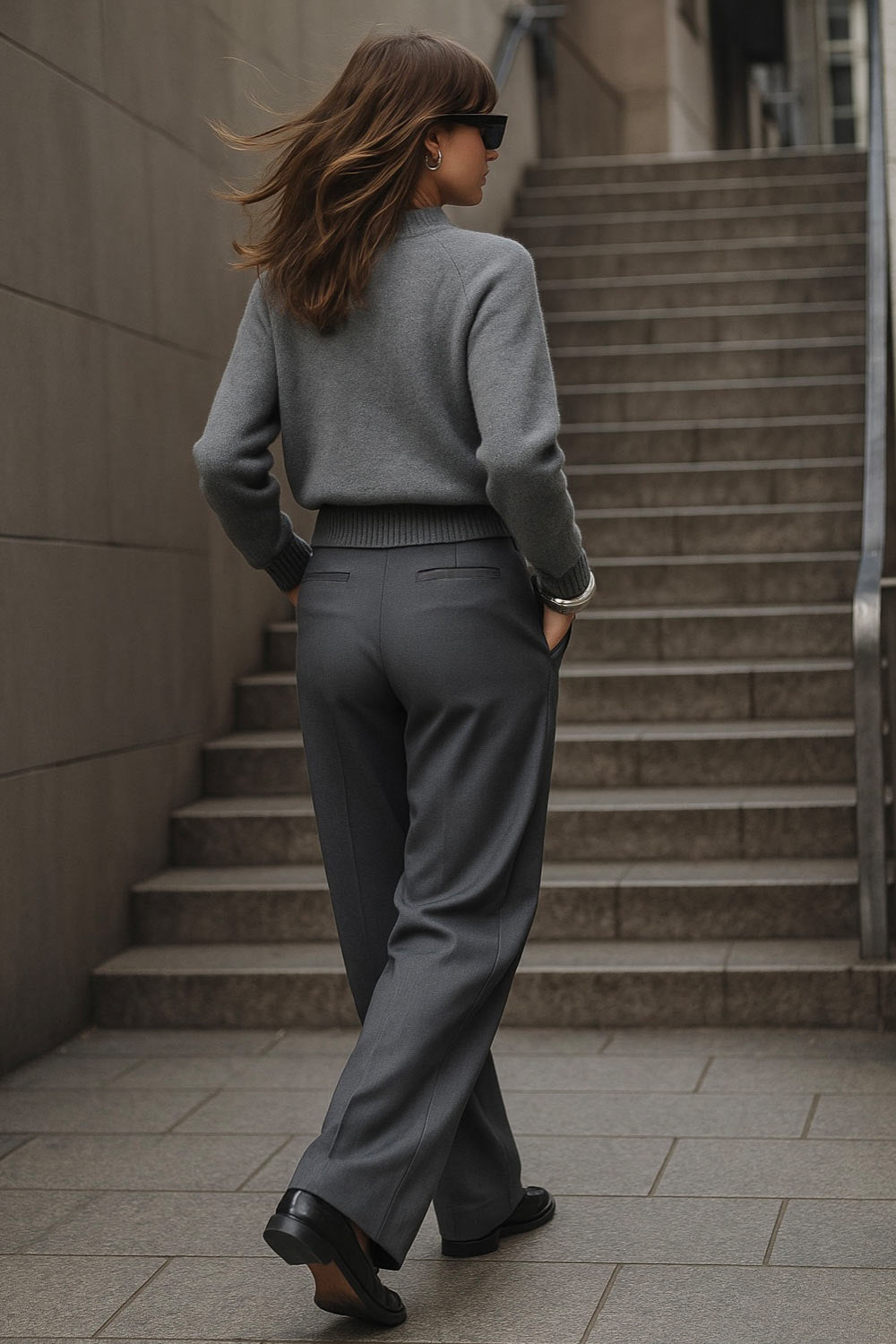 Pantalón de fit wide leg, pinzas frontales, cintura alta con pretina y trabillas, bolsillos delanteros y posteriores con vivos. Cierre frontal con botón y cremallera oculta.