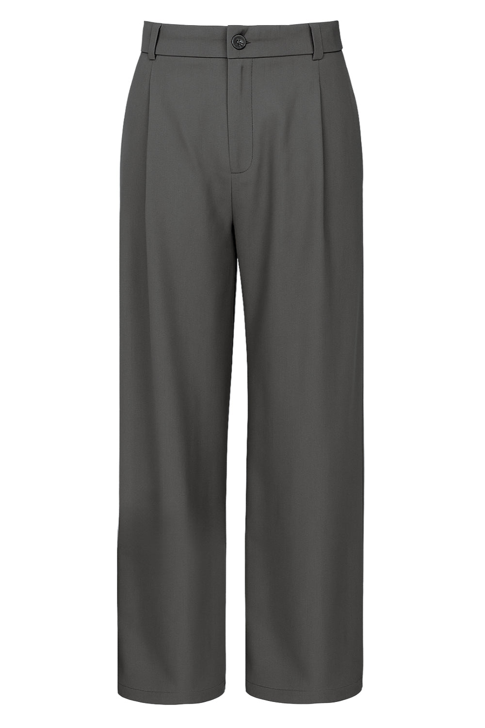 Pantalón de fit wide leg, pinzas frontales, cintura alta con pretina y trabillas, bolsillos delanteros y posteriores con vivos. Cierre frontal con botón y cremallera oculta.