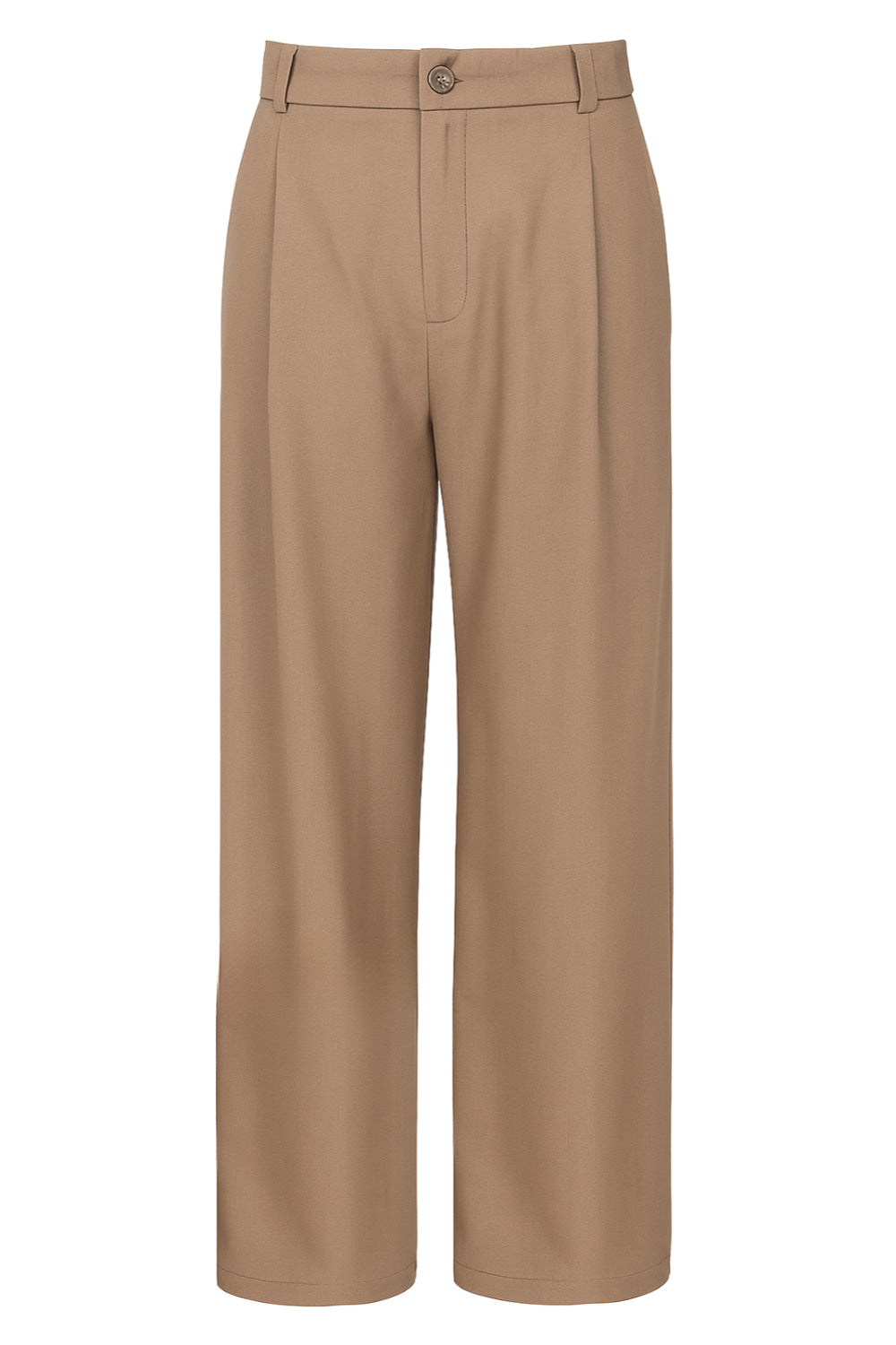 Pantalón de fit wide leg, pinzas frontales, cintura alta con pretina y trabillas, bolsillos delanteros y posteriores con vivos. Cierre frontal con botón y cremallera oculta.