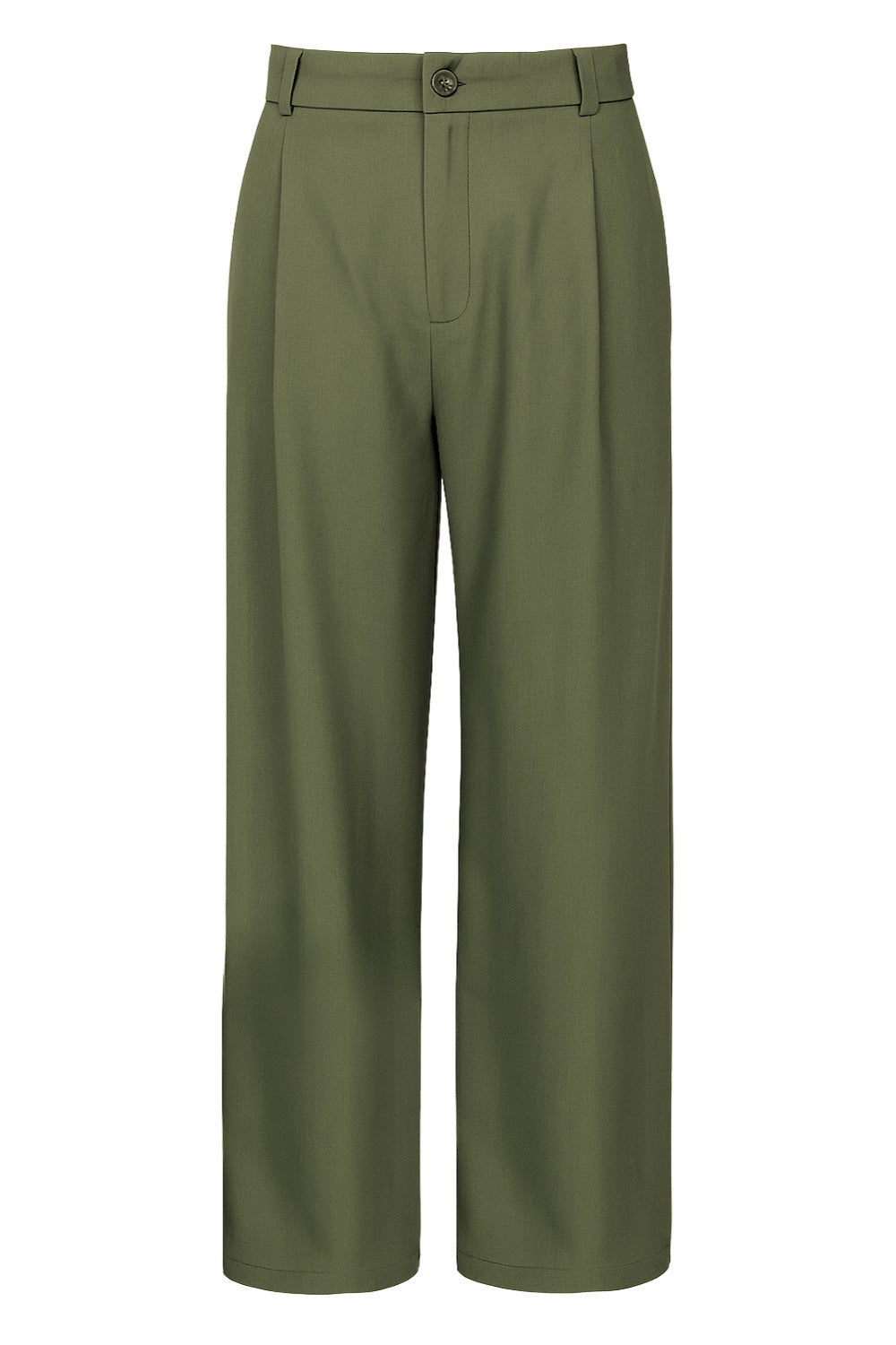 Pantalón de fit wide leg, pinzas frontales, cintura alta con pretina y trabillas, bolsillos delanteros y posteriores con vivos. Cierre frontal con botón y cremallera oculta.