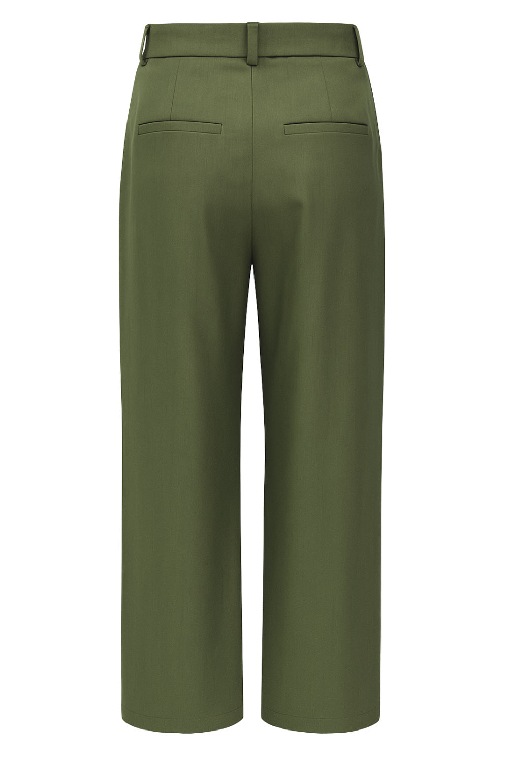 Pantalón de fit wide leg, pinzas frontales, cintura alta con pretina y trabillas, bolsillos delanteros y posteriores con vivos. Cierre frontal con botón y cremallera oculta.