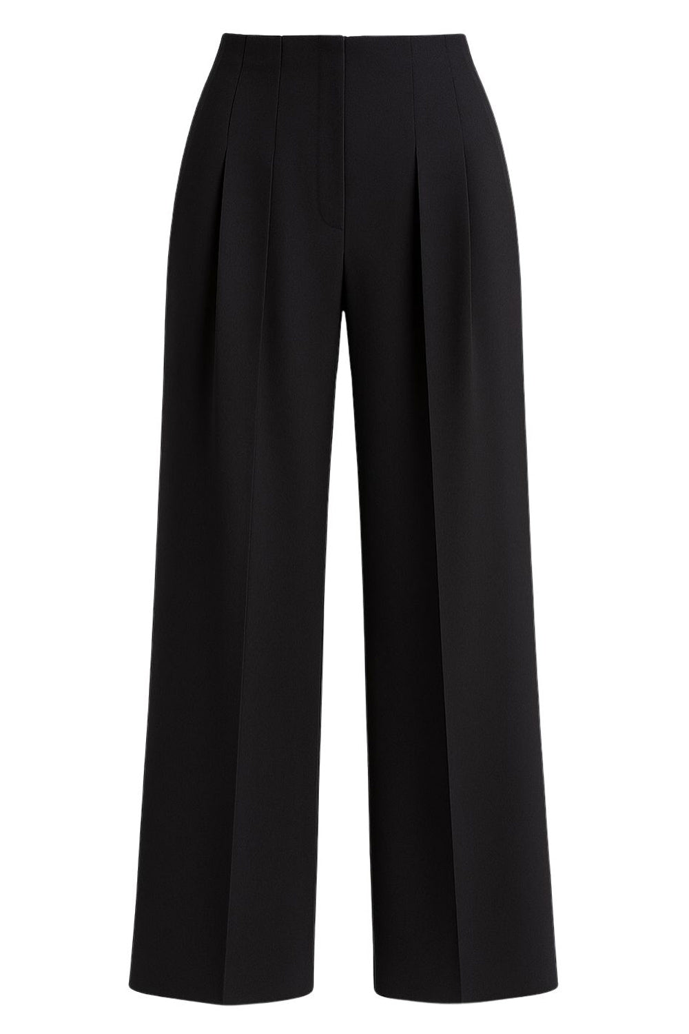 Pantalón de fit wide leg, cintura alta, pinzas frontales con raya, vivos decorativos posteriores, cierre frontal con broche y cremallera ocultos.