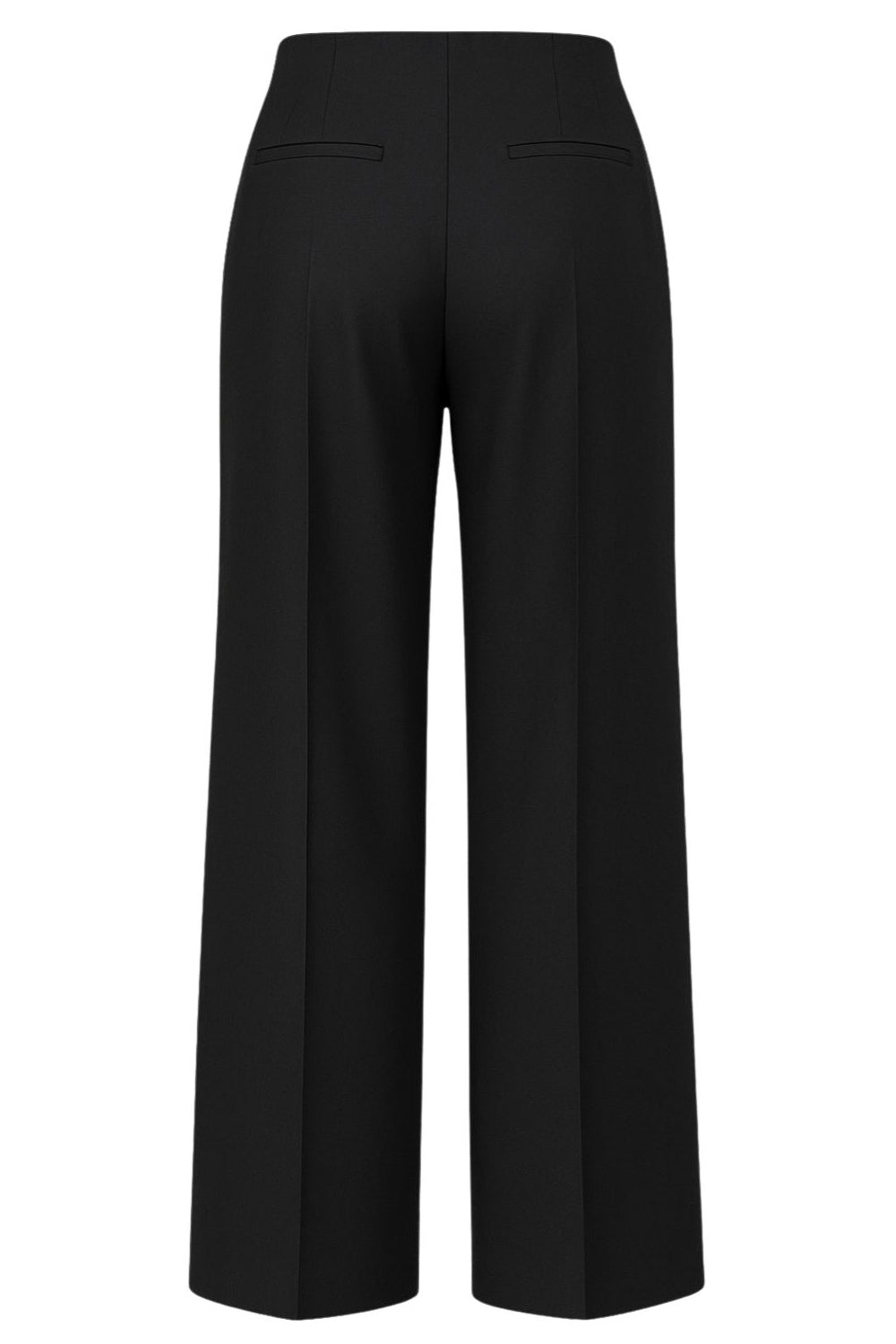 Pantalón de fit wide leg, cintura alta, pinzas frontales con raya, vivos decorativos posteriores, cierre frontal con broche y cremallera ocultos.