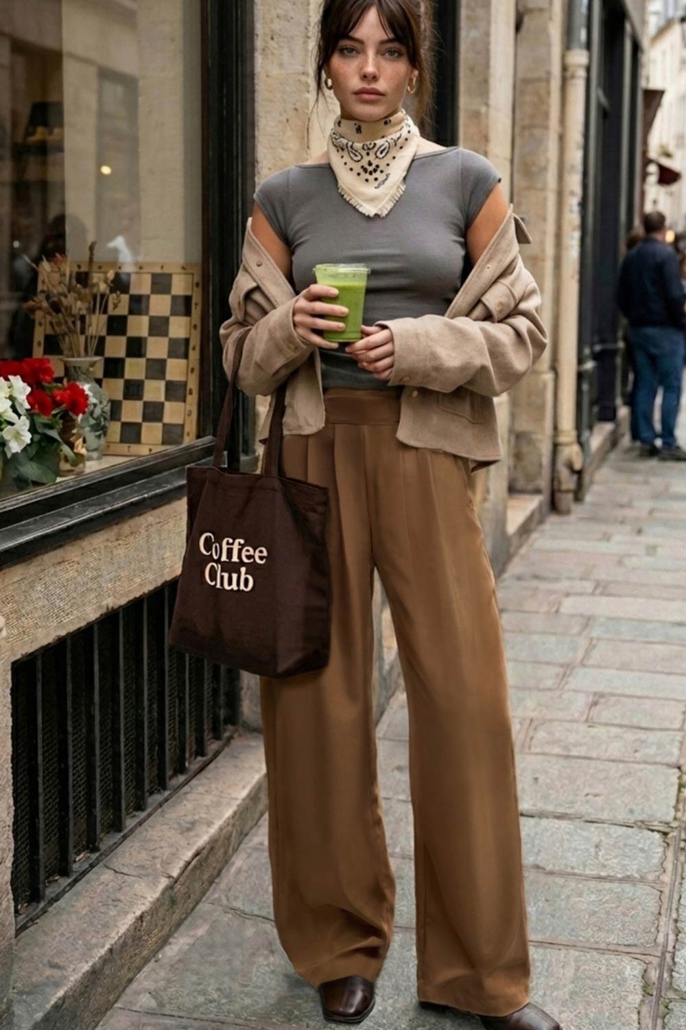 Pantalón de fit wide leg, cintura alta con pretina elástica posterior, trabillas, pinzas frontales y bolsillos delanteros.