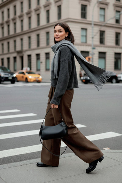 Pantalón de fit wide leg, pinzas frontales, cintura alta con pretina y trabillas, bolsillos delanteros, cierre frontal con broche y cremallera ocultos.