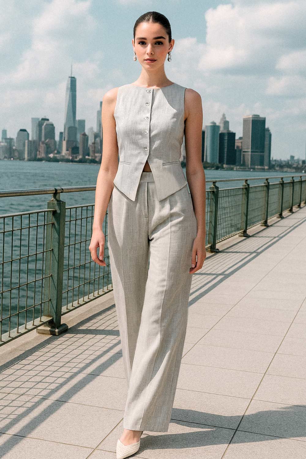 Pantalón de fit wide leg, cintura alta con pretina elástica posterior y trabillas, pinzas frontales, bolsillos delanteros, vivo decorativo posterior, detalle de raya frontal y posterior. Cierre frontal con broche y cremallera ocultos.