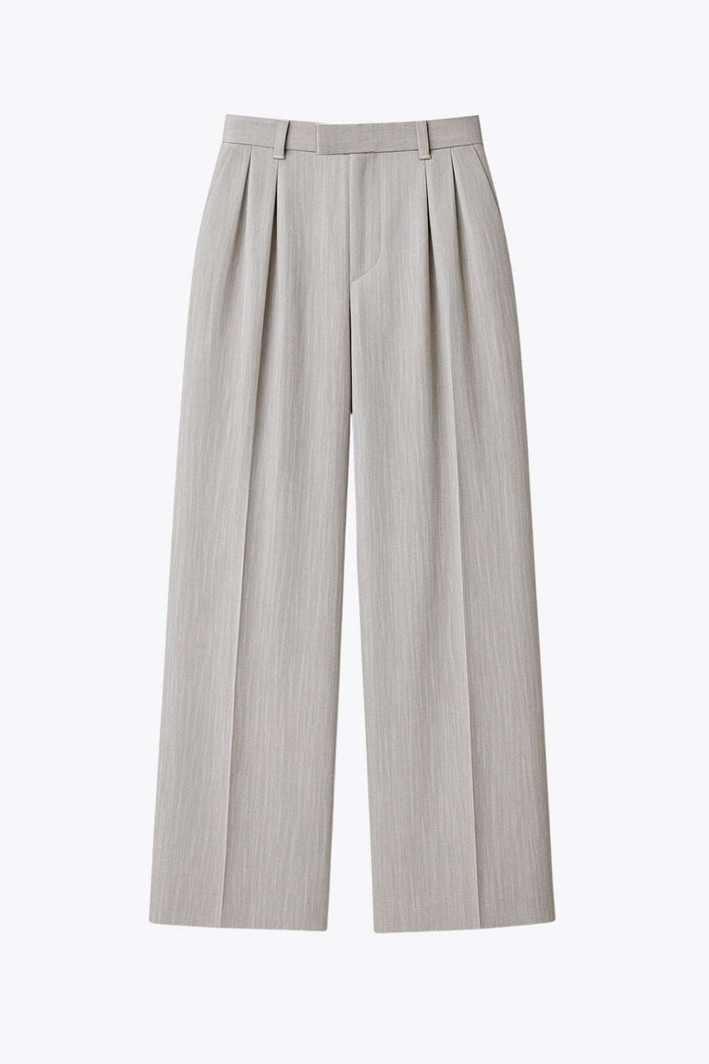 Pantalón de fit wide leg, cintura alta con pretina elástica posterior y trabillas, pinzas frontales, bolsillos delanteros, vivo decorativo posterior, detalle de raya frontal y posterior. Cierre frontal con broche y cremallera ocultos.