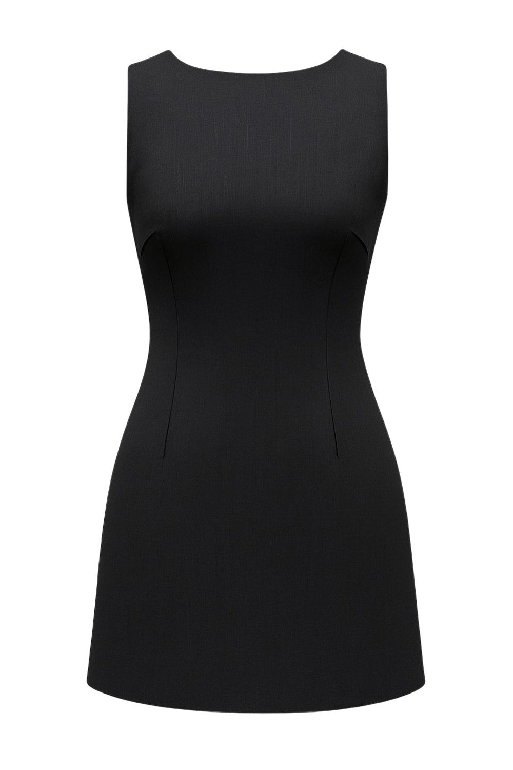 Playsuit de fit ajustado, cuello barco, sin mangas, pinzas frontales, lazo amarrable posterior y cierre con cremallera oculta.