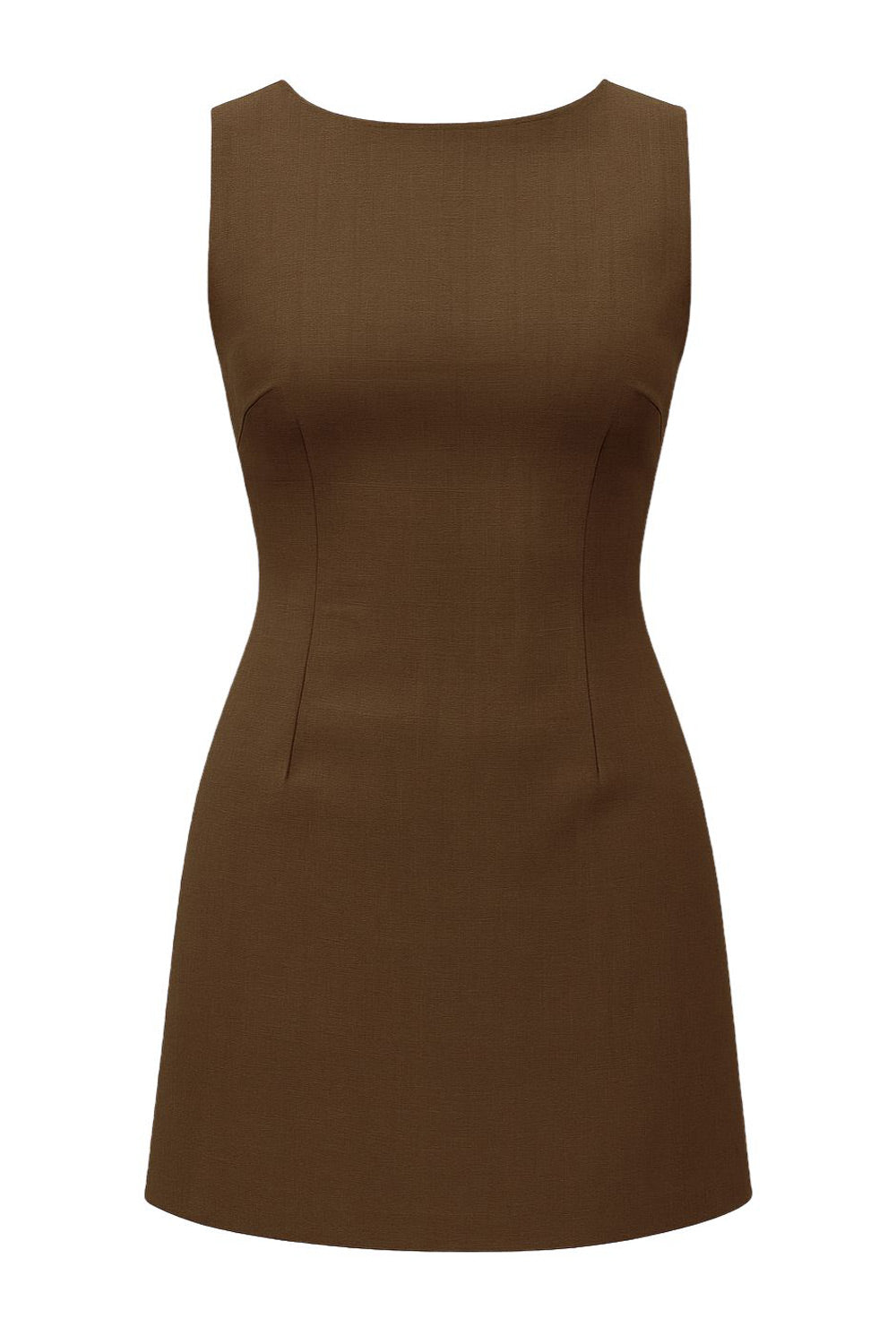 Playsuit de fit ajustado, cuello barco, sin mangas, pinzas frontales, lazo amarrable posterior y cierre con cremallera oculta.