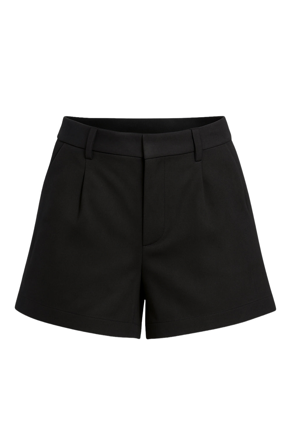 Short corto de gamuza, fit recto, cintura alta con pretina y trabillas, bolsillos delanteros y vivos decorativos posteriores. Detalle de pinzas frontales, cierre frontal con broche y cremallera ocultos.