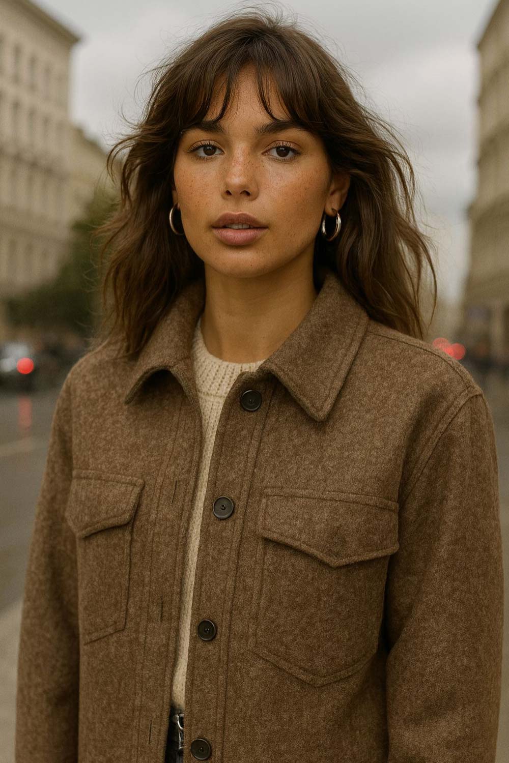 Sobrecamisa de fit oversized, manga larga con puño abotonado, cuello camisero, bolsillos delanteros y frontales de parche con cartera, bajo curveado y cierre frontal con hilera de botones en contraste.