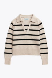 Jersey de punto, estampado rayas, fit recto, manga larga con rib en puños y escote v con cuello polo.