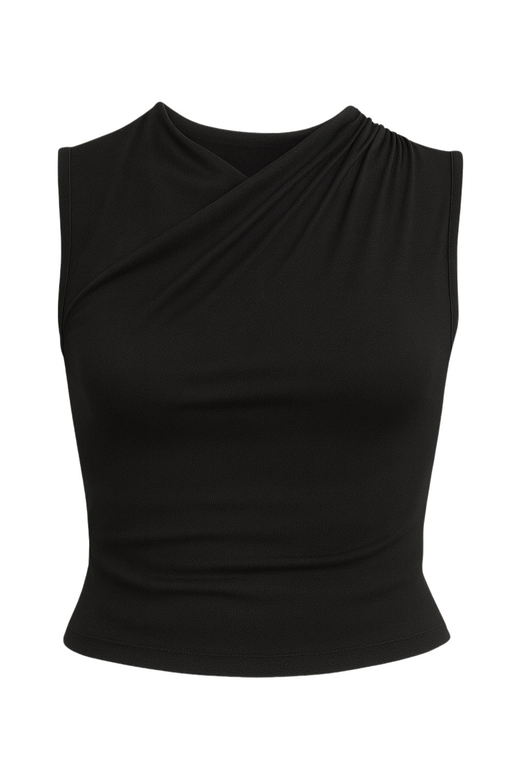 Top de fit ajustado, sin mangas, cuello fluido y plisados decorativos en hombros.