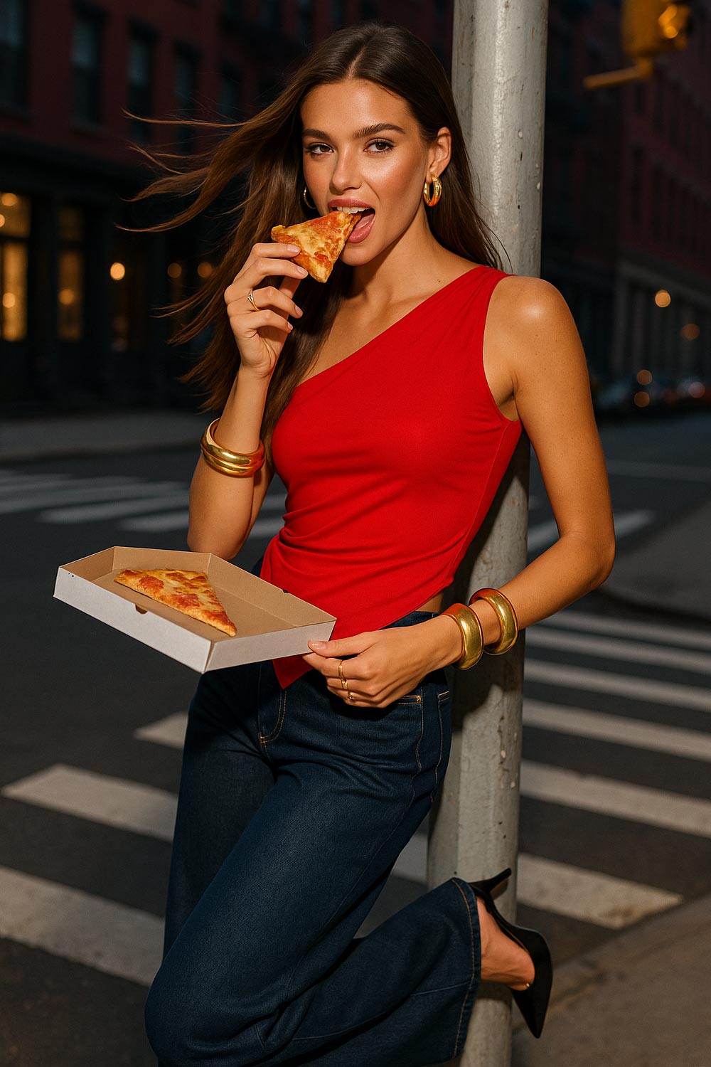 Top ajustado sin mangas, de cuello diagonal con hombro descubierto, plisados en hombros y bajo frontal asimétrico.