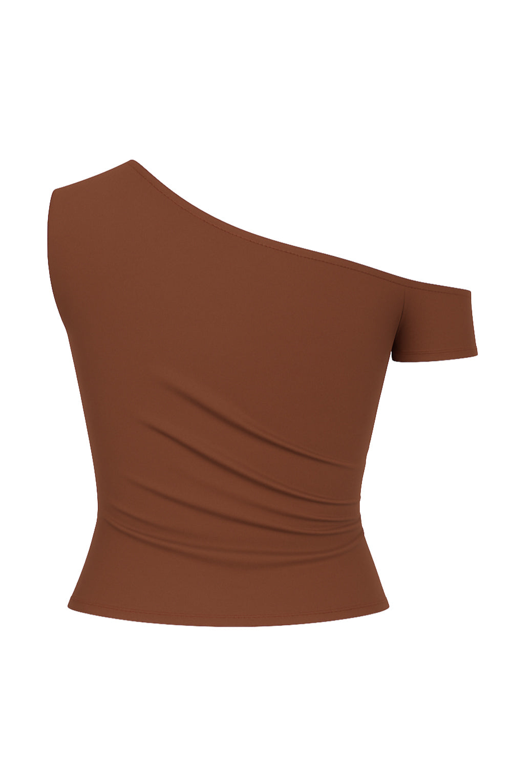 Top ajustado sin mangas, de cuello diagonal con hombro descubierto, plisados en hombros y bajo frontal asimétrico.