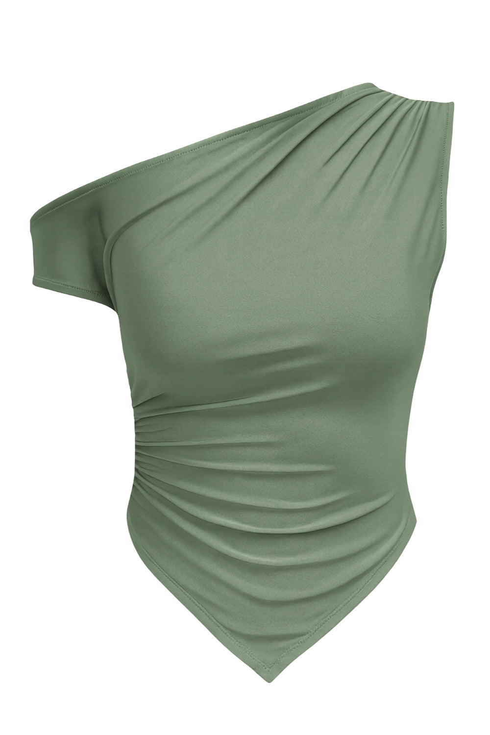 Top ajustado sin mangas, de cuello diagonal con hombro descubierto, plisados en hombros y bajo frontal asimétrico.