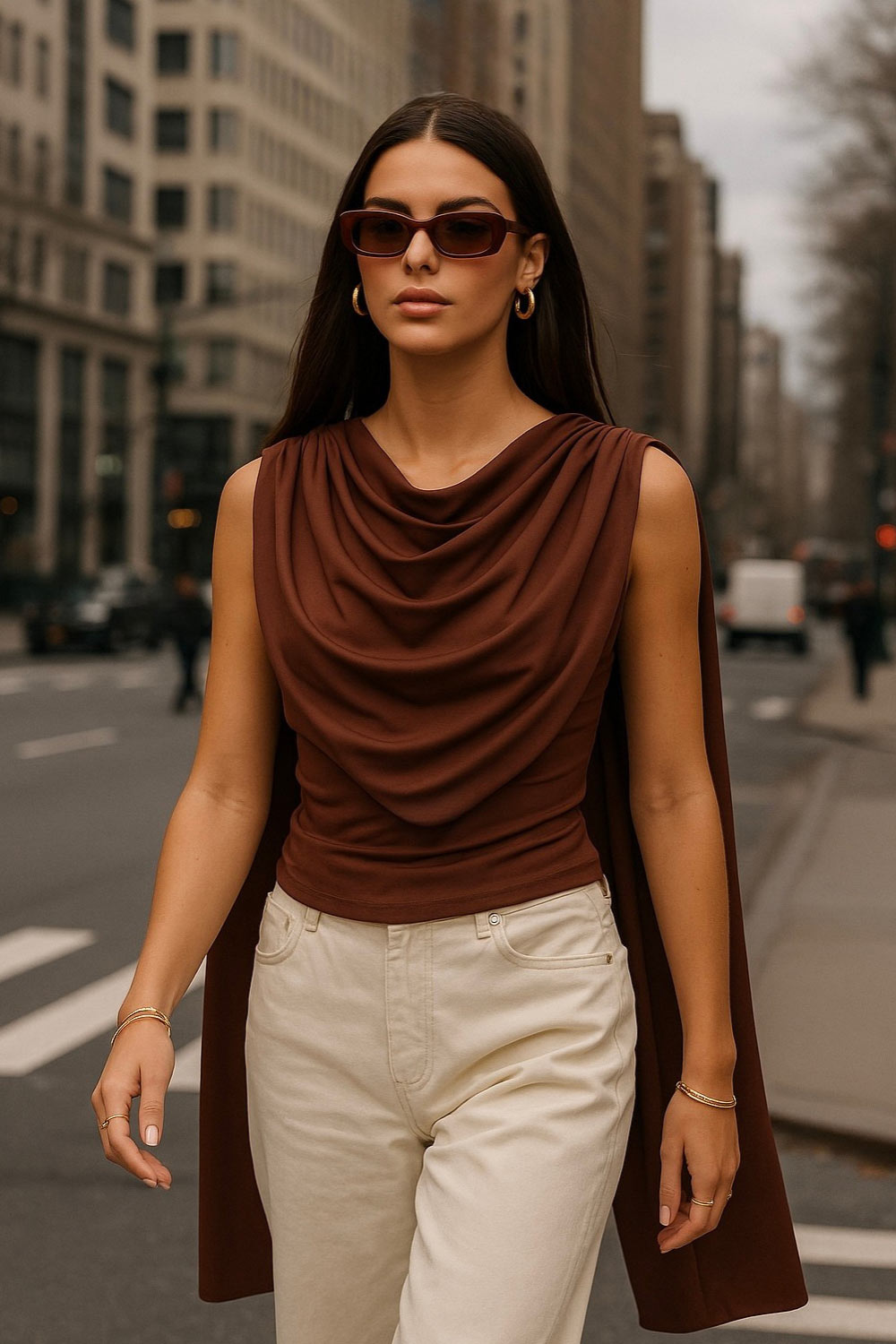 Top de fit ajustado, sin mangas, cuello redondo y detalle decorativo frontal con plisados en hombros.