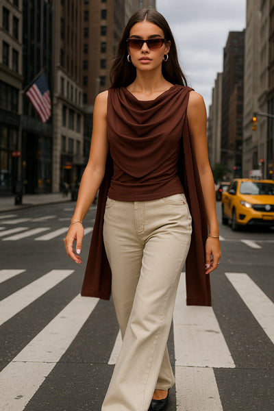 Top de fit ajustado, sin mangas, cuello redondo y detalle decorativo frontal con plisados en hombros.