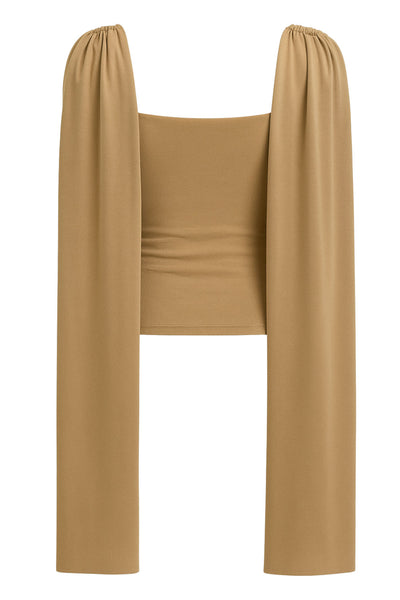 Top de fit ajustado, sin mangas, cuello redondo y detalle decorativo frontal con plisados en hombros.