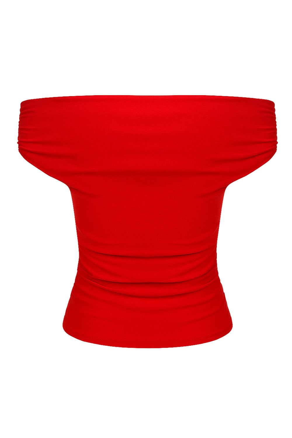 Top de fit ajustado, hombros descubiertos, manga corta seguida con plisados laterales, escote recto y plisados en costados.