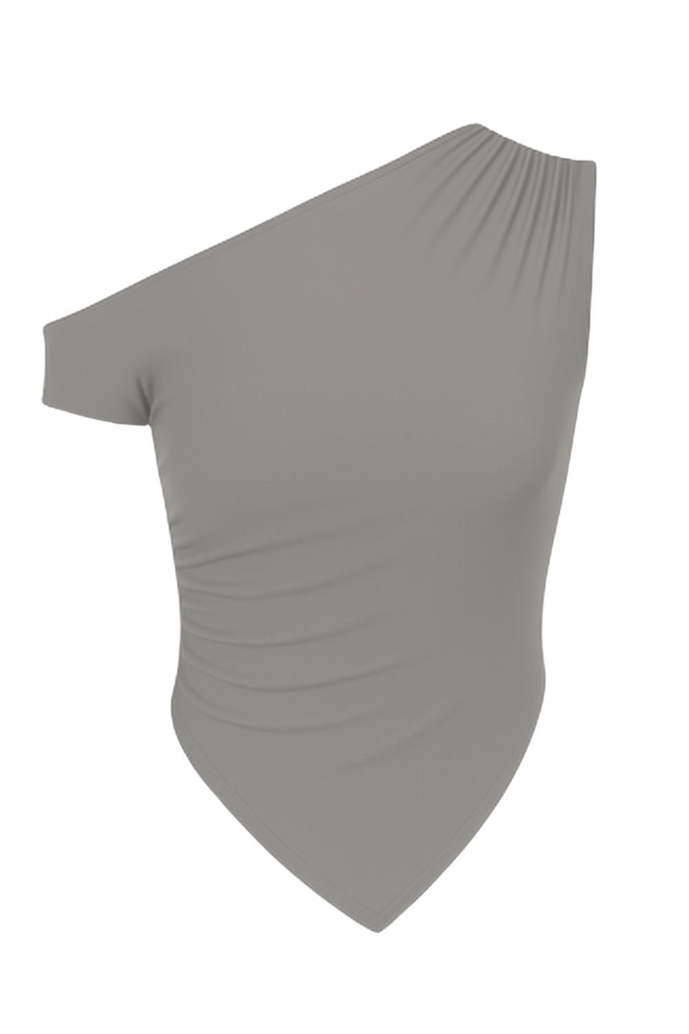 Top ajustado sin mangas, de cuello diagonal con hombro descubierto, plisados en hombros y bajo frontal asimétrico.