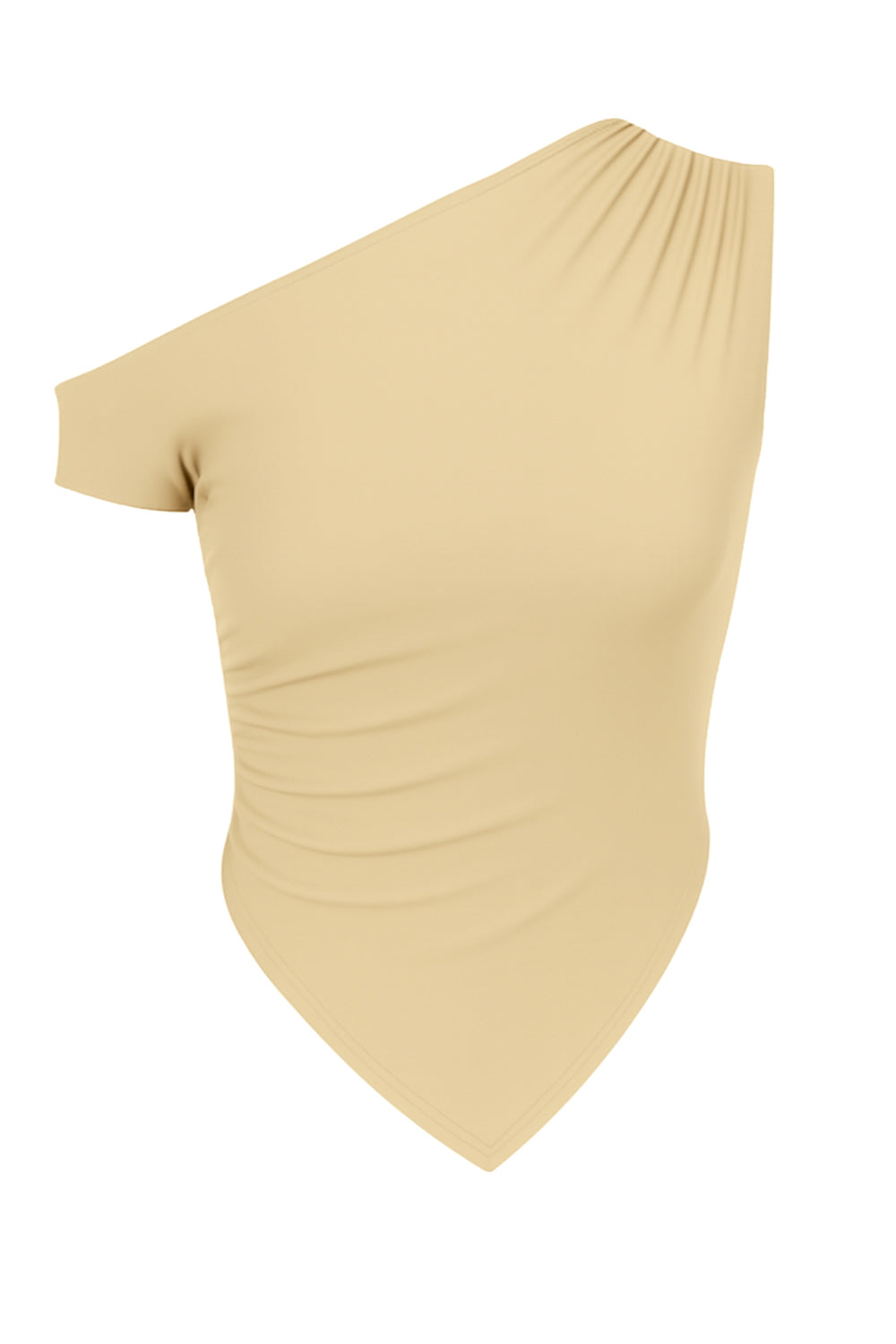 Top ajustado sin mangas, de cuello diagonal con hombro descubierto, plisados en hombros y bajo frontal asimétrico.