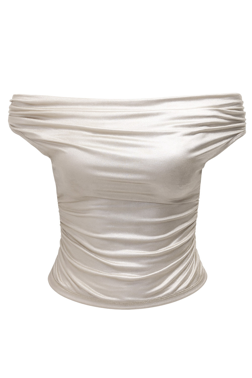 Top metálico de fit ajustado, hombros descubiertos, escote recto y manga corta seguida con plisados laterales.