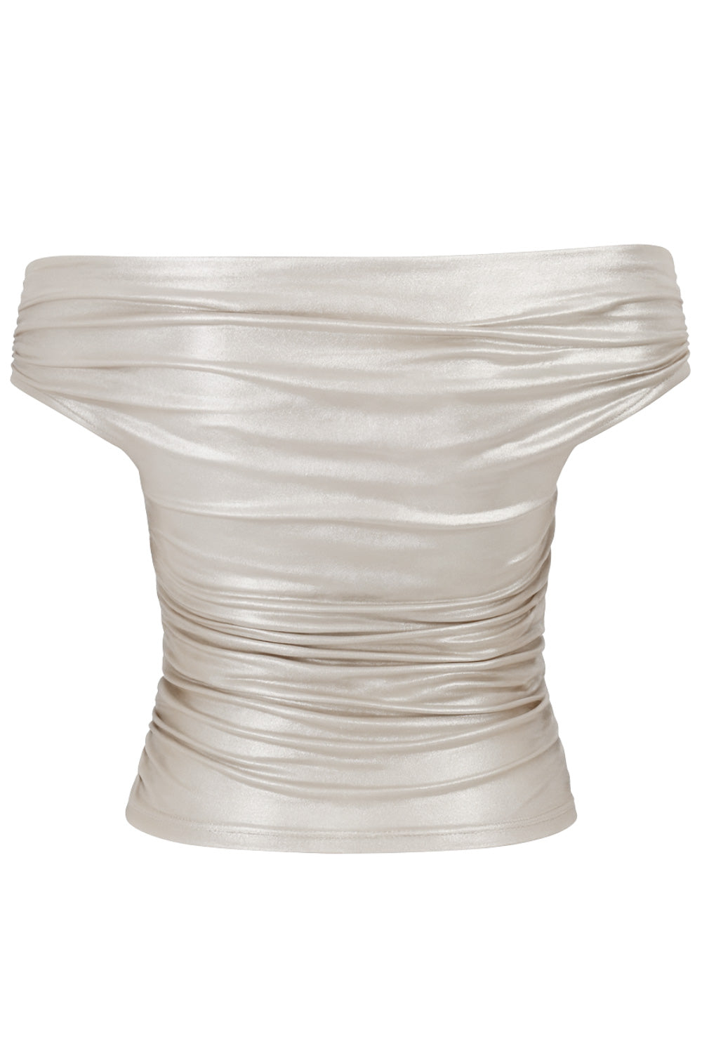 Top metálico de fit ajustado, hombros descubiertos, escote recto y manga corta seguida con plisados laterales.