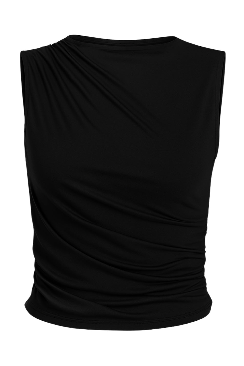 Top corto de fit ajustado, sin mangas, cuello barco, plisados decorativos en hombro y costados.