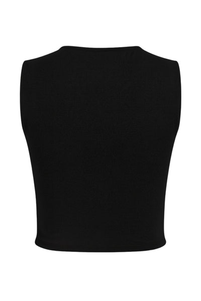 Top corto de fit ajustado, sin mangas, cuello barco, plisados decorativos en hombro y costados.