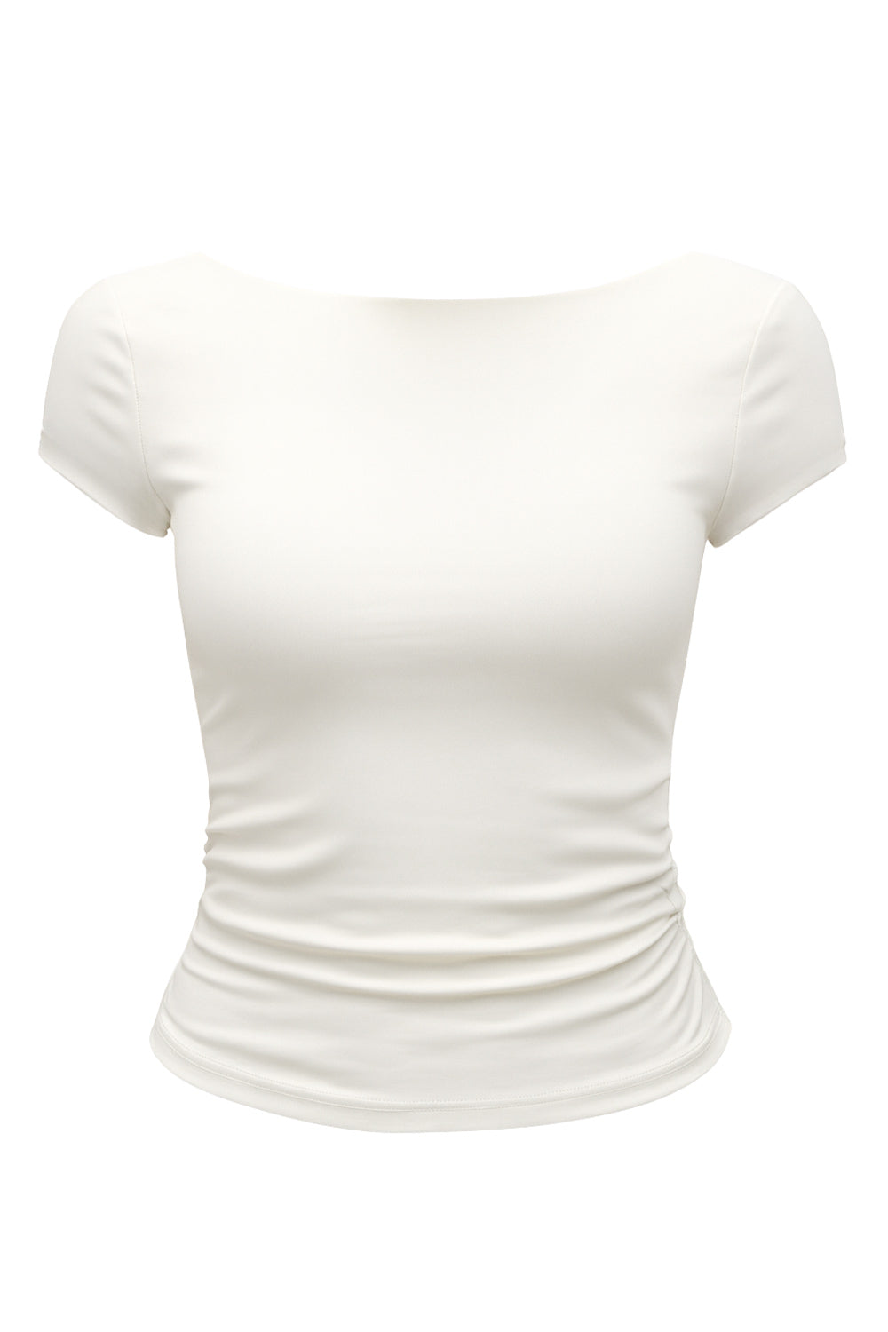 Top de fit ajustado, manga corta, cuello barco y escote en espalda con lazo amarrable posterior.