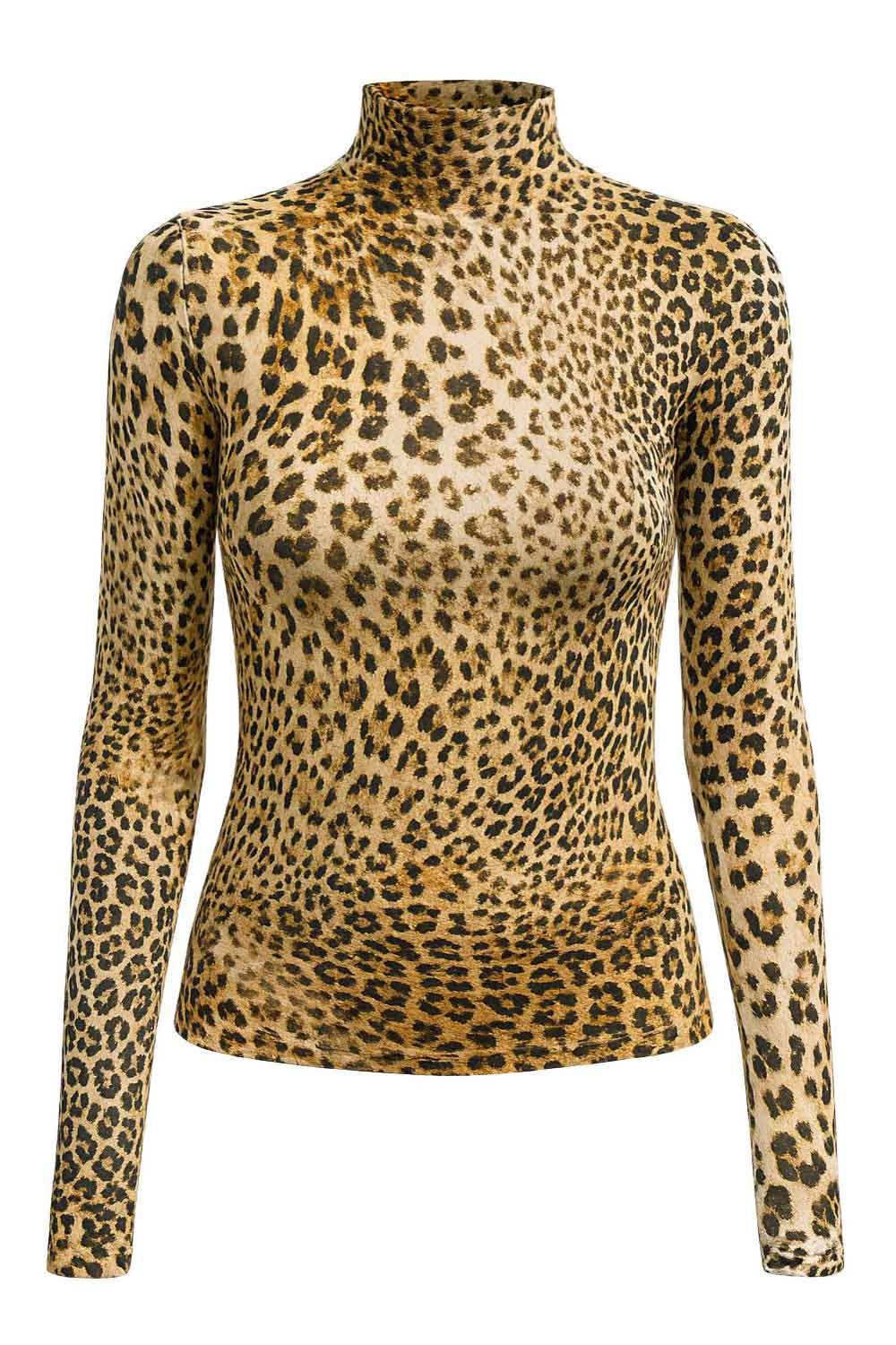 Top de estampado animal, fit ajustado, cuello alto y manga larga.