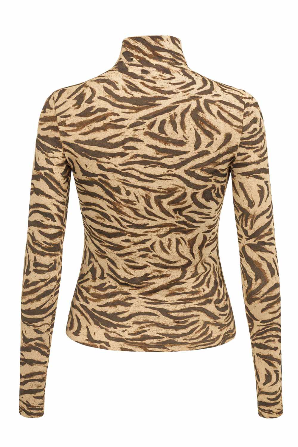 Top de estampado animal, fit ajustado, cuello alto y manga larga.