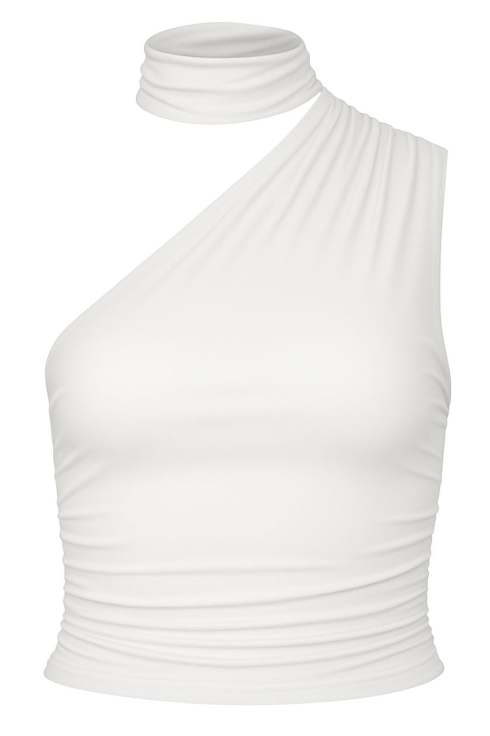 Top asimétrico de fit ajustado, detalles plisados laterales y en hombro, sin mangas, un hombro, escote diagonal y choker con plisados. Cierre posterior con botón y ojal.