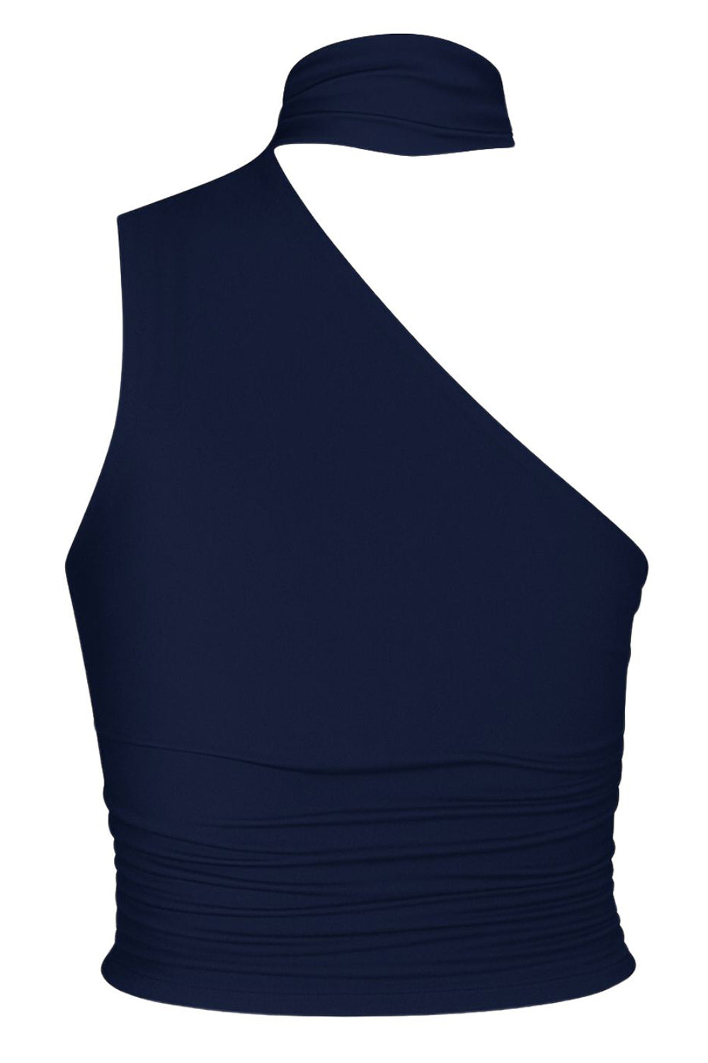 Top asimétrico de fit ajustado, detalles plisados laterales y en hombro, sin mangas, un hombro, escote diagonal y choker con plisados. Cierre posterior con botón y ojal.