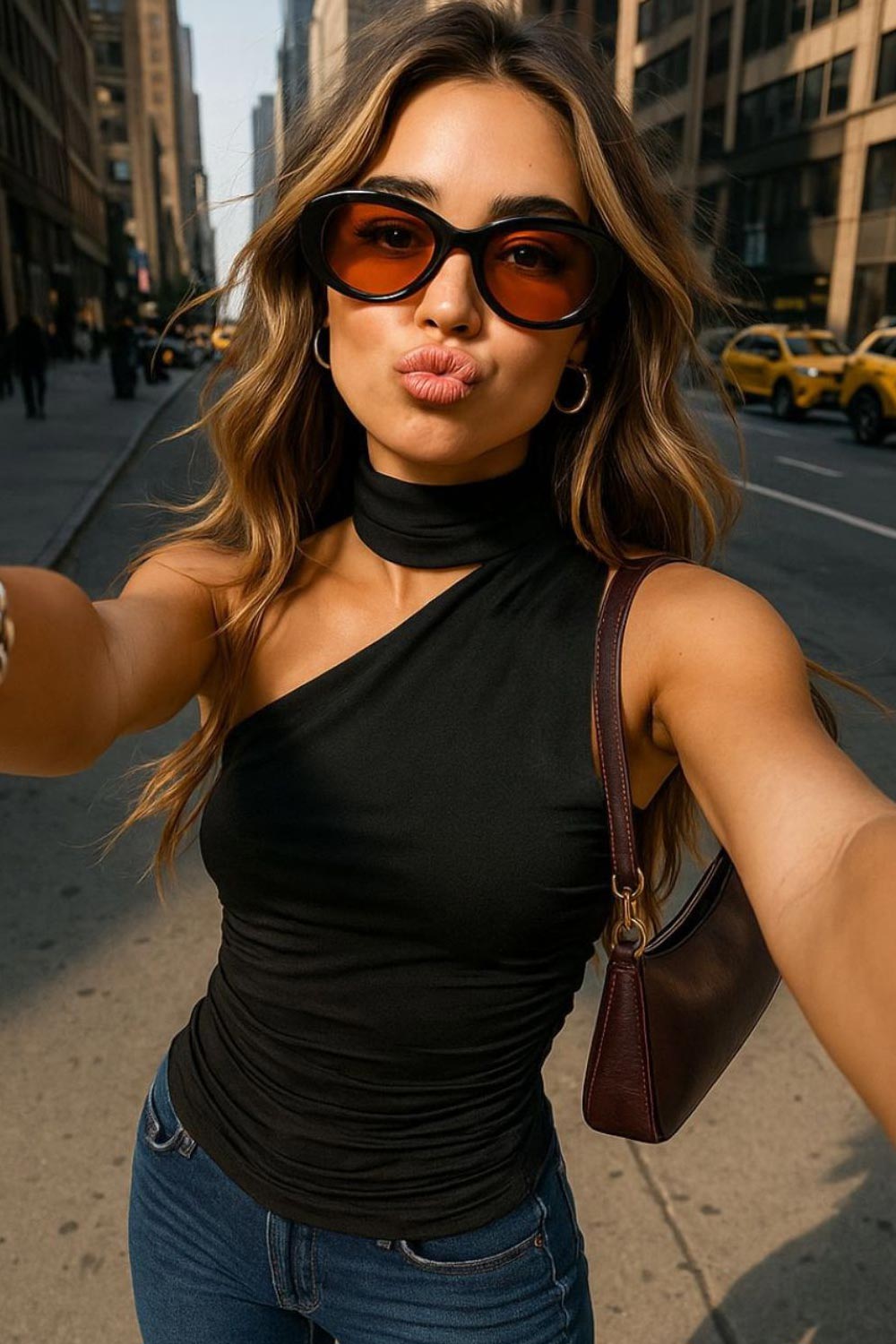 Blusa satinada asimétrica de fit recto, sin mangas, escote diagonal con detalle de choker cruzado.