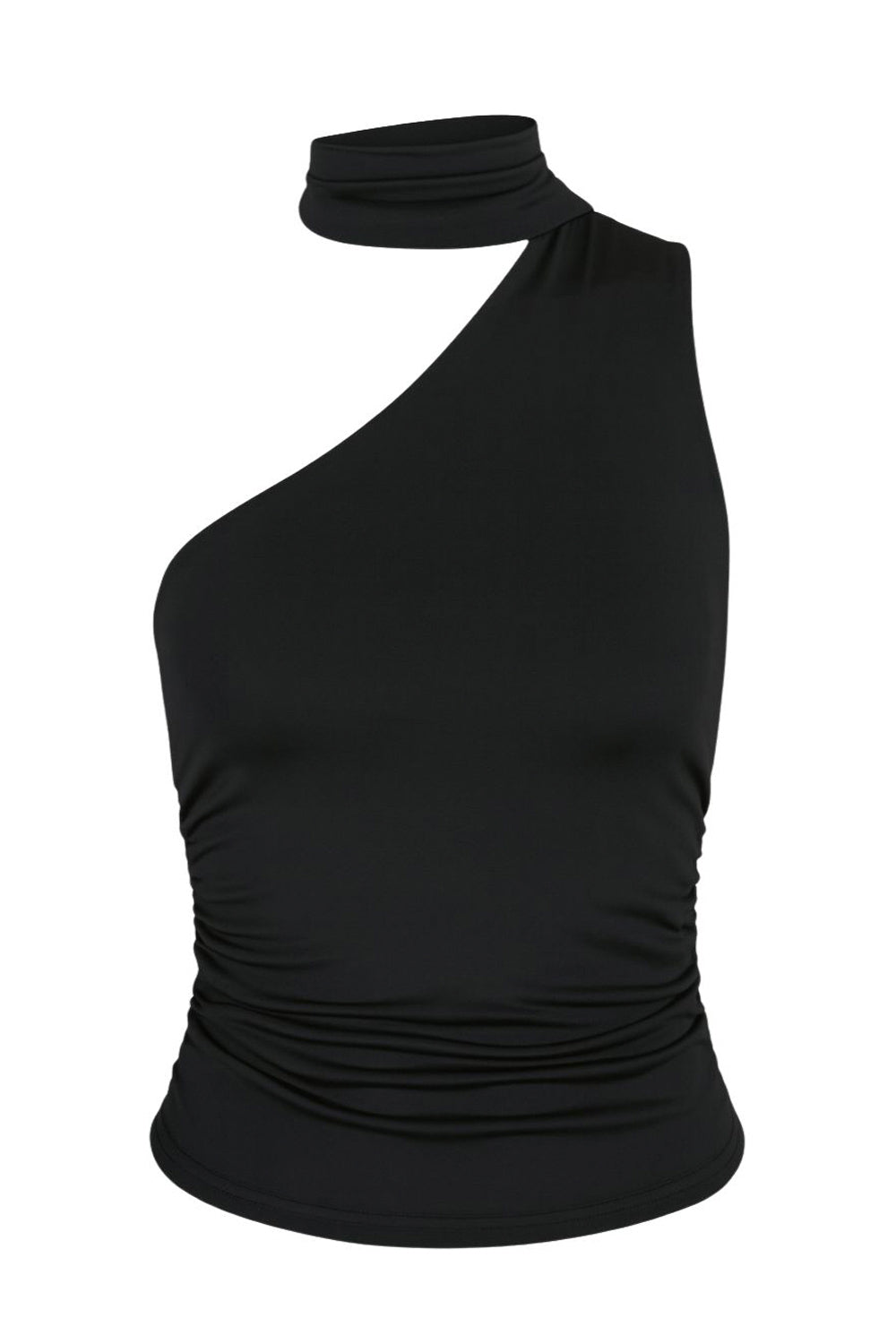 Blusa satinada asimétrica de fit recto, sin mangas, escote diagonal con detalle de choker cruzado.