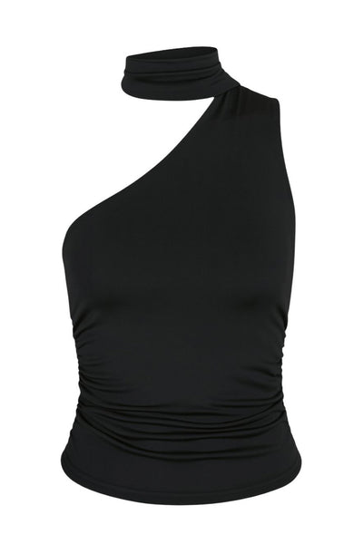 Blusa satinada asimétrica de fit recto, sin mangas, escote diagonal con detalle de choker cruzado.