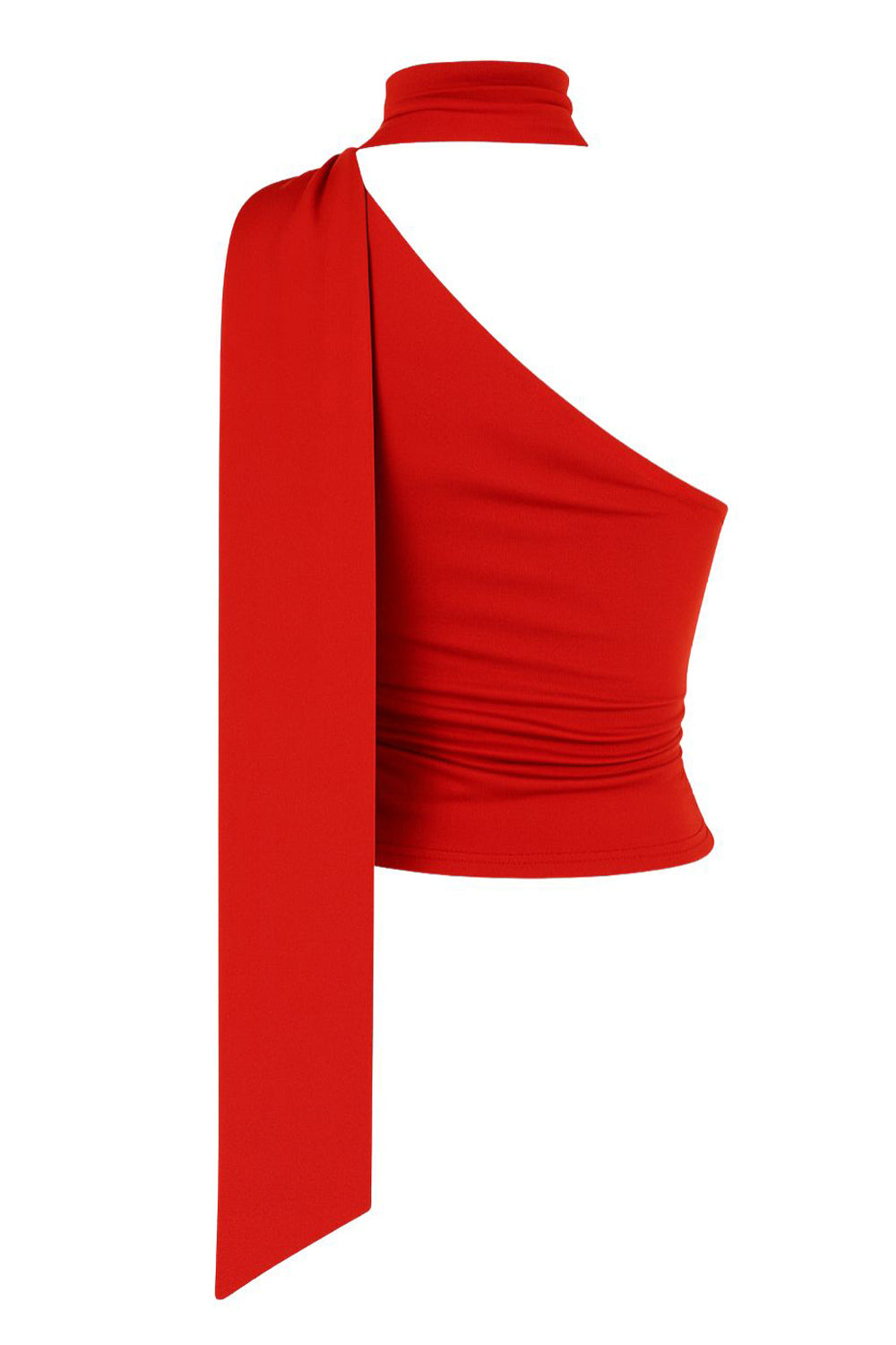 Blusa satinada asimétrica de fit recto, sin mangas, escote diagonal con detalle de choker cruzado.