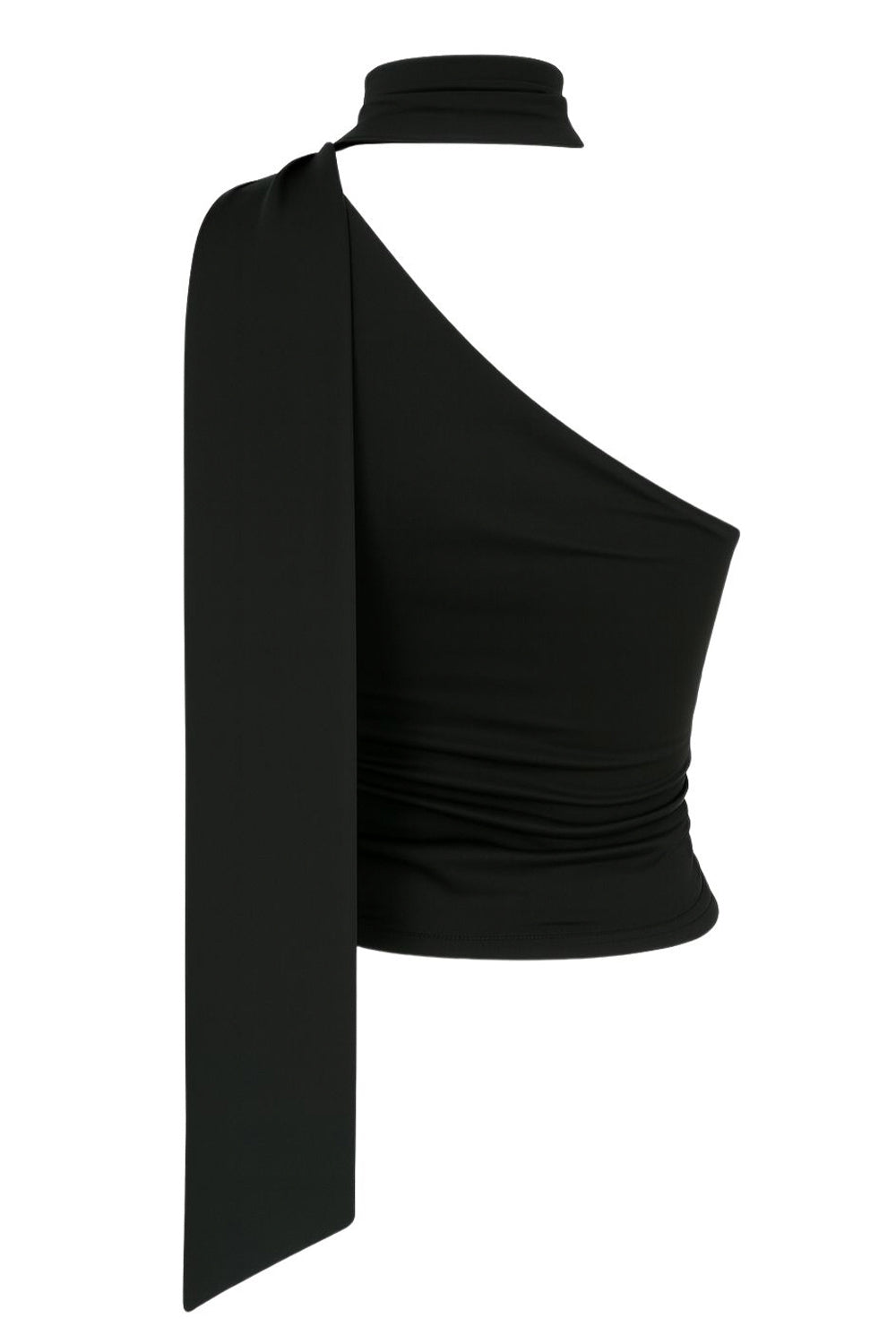 Blusa satinada asimétrica de fit recto, sin mangas, escote diagonal con detalle de choker cruzado.