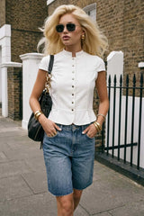 Short-sleeved mandarin collar top