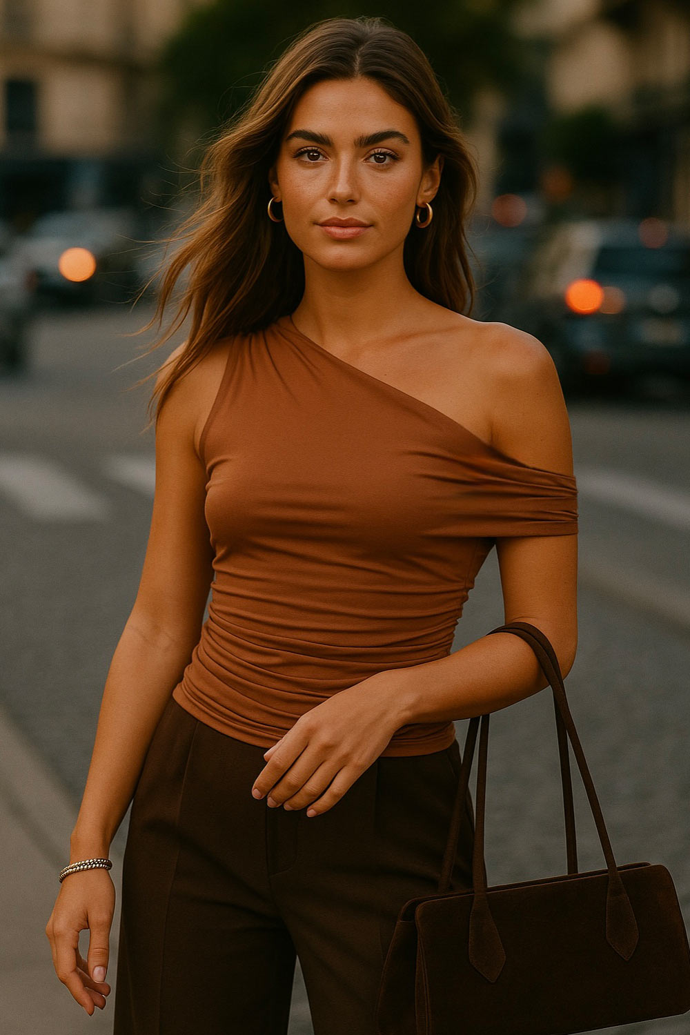 Top ajustado asimétrico de escote diagonal, una manga corta seguida con hombro descubierto, plisados en hombros y costados.